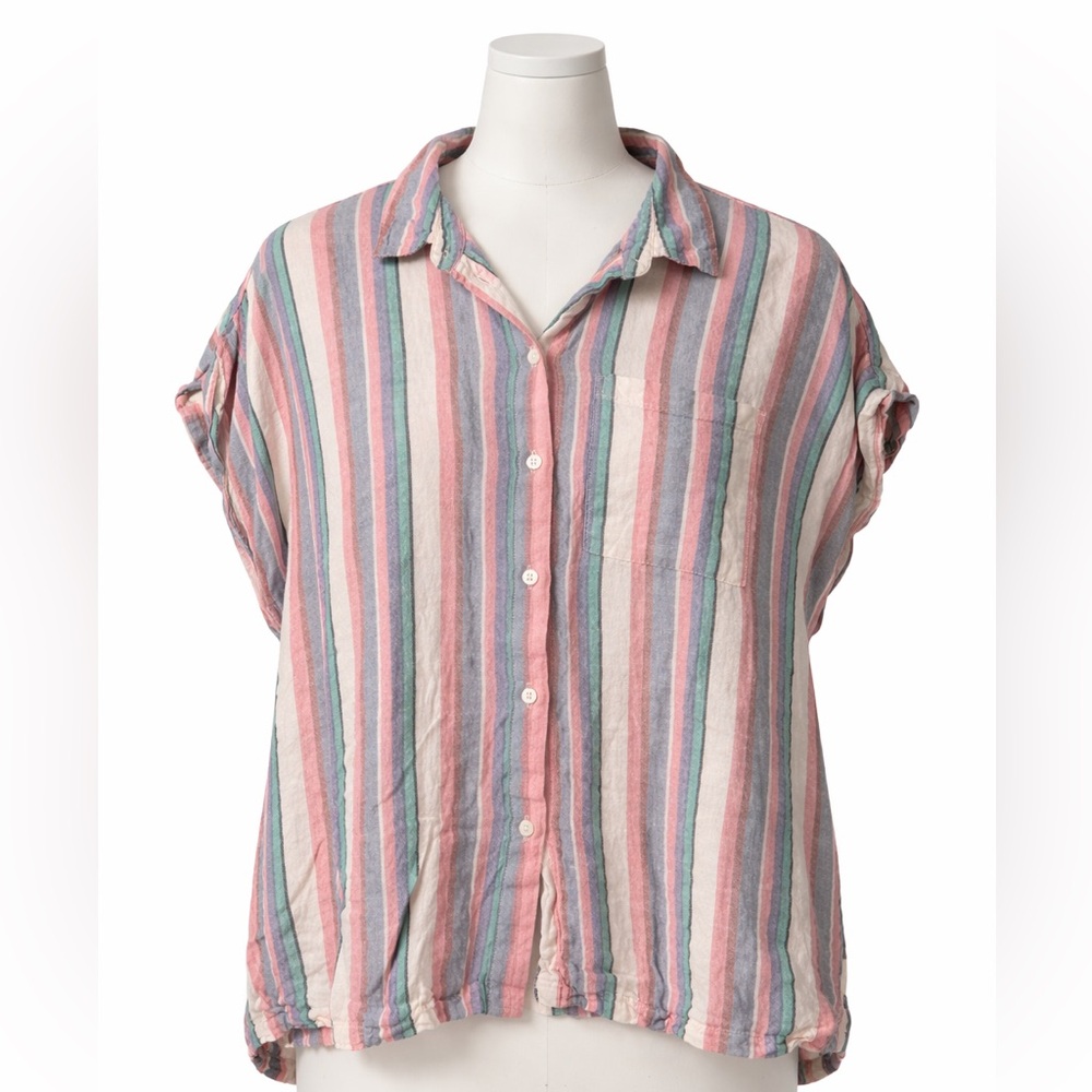 Linen Orvis Pink Blue Cream Striped Button-Down Shirt